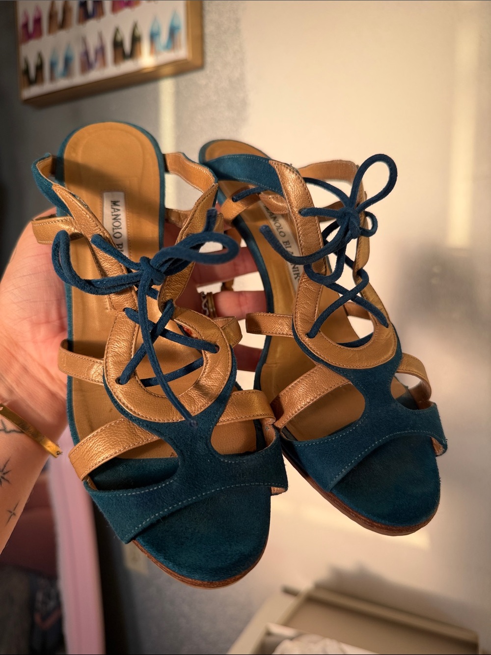 Manolo Blahnik Teal Suede and Tan Leather Lace-Up Heels